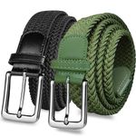 FINGER TEN Men's Stretch Belts Elastic Braided Value 2 Pack, Woven Belt for Golf Casual Pants Shirts Jeans (Black+green, fit for Waist Size 34"-38")