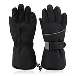 Winter Windproof Ski Gloves with Fleece Lining Warm Children Kids Mittens Snowboard Gloves Boys Girls (Black, 10-14 Years)