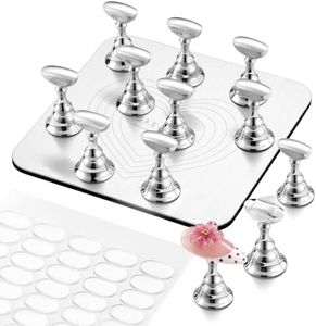 Makartt Nail Stand Kit: Nail Holder for Painting Nails DIY, Magnetic Press on Stand Silver for Art Display Practice, Strong Metal Base with 200pcs Reusable Sticky Tape for Home and Salon