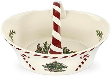 Spode Christmas Tree Candy Basket, 6.5-Inch Candy Bowl with Peppermint Handle for Holiday Snacks, Earthenware, Festive Holiday Serveware & Holiday Display Bowl, Seasonal Décor