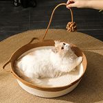 Handwoven Cotton Rope Cat Bed Cat Hammock Foldable Sleeping Nest Basket Handmade Natural Cradle Scratcher Cuddler for Kitten Cute Style with a Playing Rope Ball (Brown-Large)