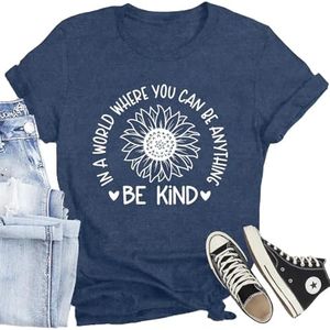 CQF Women Be Kind T-Shirt Flower Letter Print Tee Top Casual Inspirational Shirt, Blue, Small