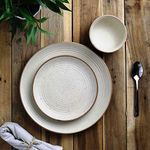 MIAH Decor Handcrafted Ribbed Matte Finish Ceramic Stoneware Dinner Set- Pack of 12, Off White with Brown Rim ; Microwave/Oven/Freezer/Dishwasher Safe - (MD-100-MFN)