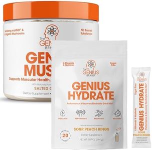 Genius Hydration & Muscle Support Bundle - Sour Peach Rings Hydrate Stick Pack Powder Drink Mix & Muscle Builder & Mass Gainer - Natural Electrolyte Booster & Anabolic Activator Supplement