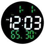 Amazon Brand - Umi 10" Plastic Digital Wall Clock with Remote Control & Alarm for Home Décor Office 12/24 Hours Temperature Humidity Date Week Silent Electronic Digital Wall Clock (3813L W_Green)