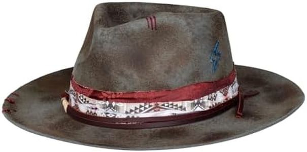 RUEDIGER Vintage Wide Brim Fedora Hats 100% Wool Stiff Felt Hat Rancher Hat with Lightning Logo Handmade Distressed/Burned Grey