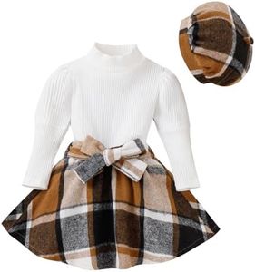 Toddler Girl Fall Clothes 3 4 years Long Sleeve Ribed T-Shirt Knit Tops Plaid Mini Skirt Sets cap belt Winter Outfits