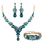 EVER FAITH Crystal Bridal Jewelry Set Art Deco Vintage Costume Floral Teardrop Necklace Earrings Bracelet for Woman Sky Blue Gold-Tone