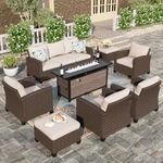 HERA'S HOUSE Patio Furniture Sets with 56" Fire Pit Table, 8 Pieces Outdoor Rattan Wicker Sectional Conversation Set with Waterproof Cushions for Deck Backyard, Beige/Brown