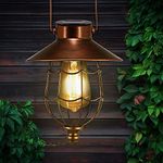 pearlstar Solar Lanterns Outdoor Hanging - Metal Vintage Lantern Warm White Solar Lights lamp Waterproof Edison Bulb Design for Pathway Garden Patio Yard Tree Decoration (1 Pack Copper)