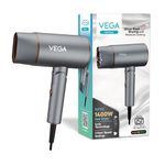 Vega Ionic 1400 Watts Hair Dryer for Men & Women with Ionic Technology & Cool Shot Button, 2 Heat/Speed Setting, Faster Drying, Foldable Hair Dryer, (VHDH-28), Grey