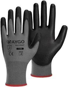 KAYGO Safety Work Gloves PU Coated-60 Pairs, KG11PB, Seamless Knit Glove with Polyurethane Coated Smooth Grip on Palm & Fingers, for Men and Women (Small (Pack of 60), Grey)