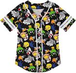 Looney Tunes Ladies Baseball Jersey - Lola Bunny, Tweety, Bugs and Taz Mesh Button Down Baseball Jersey, Black White, Medium