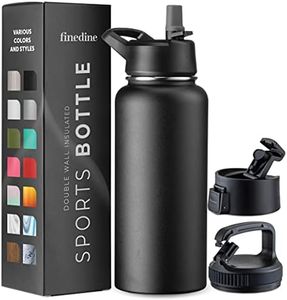 FineDine Triple Walled, Insulated Water Bottles with Straw - 32 Oz Stainless Steel Metal Bottle W/ 3 Leak Proof Lids - For Travel, School, Sports, Gym/Men, Women & Kids - Inky Raven Black