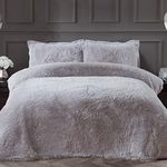 Sleepdown Fleece Luxury Long Pile Faux Fur Silver Super Soft Easy Care Duvet Cover Quilt Bedding Set with Pillowcases, Polyester - Double (200cm x 200cm)