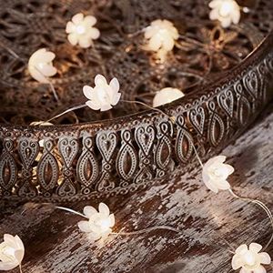 Lights4fun 20 White Lotus Flower Battery Operated Micro LED Silver Wire String Fairy Lights with Timer
