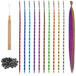 20Pcs Feather Hair Extensions, Colored Hair Extensions Kits, Colorful Hairpieces Feathers, Synthetic Hair Extension Kits with 50 Micro Beads and 1 Crochet Hook for Girls Women