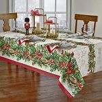 Newbridge Christmas Holly Ribbon Traditions Bordered 60 x 84 Inch Rectangle Fabric Tablecloth, Boughs of Holly and Berry Ribbon Garland Dining Table Cover for Holiday Party