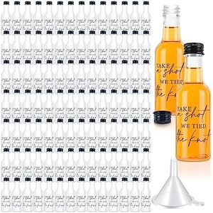 Bokon Mini Wedding Liquor Bottles Take a Shot We Tied The Knot Shot Glasses for Guests 1.7 Fl Oz/ 50 ml Plastic Reusable Empty Bottle with Cap Funnel Acrylic Shot Bottles for Bridal Party (100 Pcs)