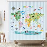 BASHOM BSC-615 Animal World Map Shower Curtain set for Kids Waterproof washable Decorative Bathroom 71''x71'' (180x180cm) Polyester Fabric with 12 Hooks Colourful educational country Liner Tapestry Bathtubs