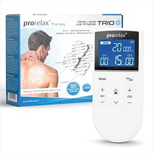 Prorelax TENS/EMS Trio+ | Appareil d'électrostimulation à batterie | 3 thérapies - TENS, EMS, FITNESS | Détente, développement musculaire, soulagement de la douleur | 50 programmes