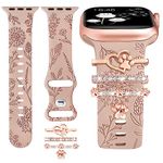 TOYOUTHS Compatible with Apple Watch Band with Charms Women 38/40/41/42mm Floral Engraved Silicone Strap Decorative Ring Loops Bracelet for iWatch Series 10 9 SE 8 7 6 5 4 3 2 1, Milk Tea+Dog Paw