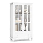 DORTALA White Bookcase, 139CM Tall Wooden Bookshelf Organizer with Cabinet & Drawer, Adjustable Shelves, Freestanding Glass Display Storage Cabinet for Home Office & Living Room