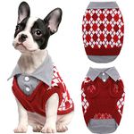 Kuoser Plaid Dog Sweater Warm Clothes, Patchwork Design Pet Dog Knitwear Classic Pullover Puppy Coat Cold Weather Sweatshirts with Leash Hole for Small Medium Cats Dogs (XS, Red)