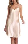 Vlazom Women Negligees Satin Nightdress Spaghetti Strap Chemises Slip V Neck Sleepwear Nightgown, M(UK 8-10), Champagne