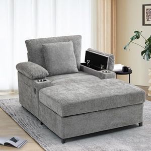 SUNWAVE Chaise Lounge Chair with Ottoman, Chenille Fabric Sofa Bed, Accent Chair with Cupholders & USB Charging Ports for Living Room, Bedroom, Apartment (Gray)