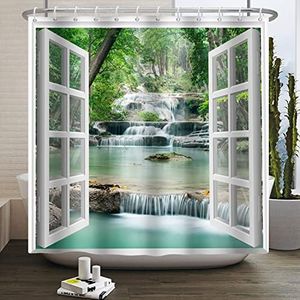 SDOTPMT 105x160cm Vista de la Ventana Cortina de baño Árbol de Cascada de Primavera Paisaje Natural Cortina de baño Ventana Blanca Imagen Arte Moderno Tejido Impermeable Cortina de baño con Gancho
