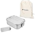 Navaris Steel Lunch Box with Divider - 800ml Stainless Steel Sandwich, Snack, Lunch, Food Storage Container - Leakproof Bento Box with Divider, Bag