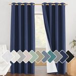 NICETOWN 100% Absolutely Blackout Linen Curtains 84 inch Long with Thermal Insulated White Liner, Dark Blue, 52" Wide, 2 Pieces, Privacy Vertical Window Drapes for Office Laundry Living Room