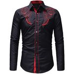 Mens Paisley Shirt Western Cowboy Embroidery Long Sleeve Button Down Dress Shirt Stylish Hipster Poplin Oxford Shirt Black