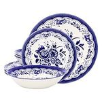 Tudor Royal 12-Piece Porcelain Round Dinnerware Set, Service for 4, Victoria Blue Design, Blue Floral, Plates Bowls Dishes, Glossy, Premium Quality Tableware, Unique Pattern