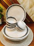 Caffeine Ceramic Stoneware Handmade White Matte & Black Patta Combo Dinner (Set of 8) Microwave Safe & Dishwasher Safe