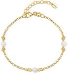 Amberta Women 925 Sterling Silver Freshwater Pearl Bracelet: Gold Plated Pearl Bracelet with 4-5 mm Pearls