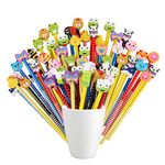 Annhao 50 Pcs Wooden graphite pencils set, Random cartoon Animal Erasers Pencils set, Pencil Gifts for kids children, party bag fillers birthday for boys girls (Color/Style Random)