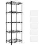 SONGMICS Kitchen Shelf, Metal Storage Rack with PP Shelf Liners, 5-Tier Wire Shelving Unit with 8 Hooks, 11.8 x 15.7 x 47.6 Inches, Height-Adjustable, for Bathroom, Pantry, Black ULGR115B01