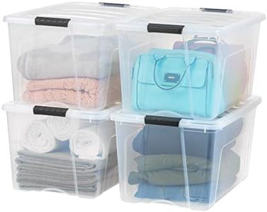 IRIS USA 72 Qt Stackable Plastic Storage Bins with Lids, 4 Pack - BPA-Free, Made in USA - See-Through Organizing Solution, Latches, Durable Nestable Containers, Secure Pull Handle - Clear