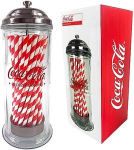 Soporte y dispensador de pajitas de vidrio de Coca Cola, regalos oficiales de Coca Cola, mercancía y accesorios de cocina retro, con 50 pajitas de papel a rayas