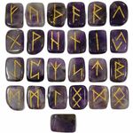 Amethyst Runes Crystal Rune Stones Set Elder futhark Viking Gemstone Reiki Healing Golden Engraved Runic Alphabets (Amethyst)