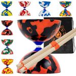 Juggle Dream Jester Diabolo Set with Wood Sticks - Pro Medium Rubber Diablo Set With Wooden Handsticks and Cascade Carry Bag (Red and Black)