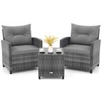 KOTEK 3 Piece Patio Furniture Set, Outdoor PE Rattan Conversation Set with Washable Cushions & Tempered Glass Tabletop, Wicker Chairs and Table Set for Porch, Garden, Balcony (Grey)