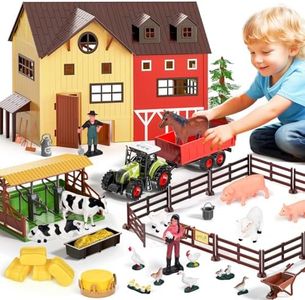 Pupu Pig Farm Animals Barn House Toys - Kids Tractor Toy with Lights & Sound, Horse Stable, Cowshed, Chicken Fence, Animal, Farm Accessories, Easter Birthday Gifts for Boys Toddlers Ages 3+