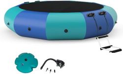 KOTEK Water Trampoline, 10Ft/12Ft/15Ft Recreational Water Bouncer with Electric Pump, Rope Ladders, Inflatable Diving Trampoline for Water Sports, Lake, Pool (Blue+Green, 15 FT)