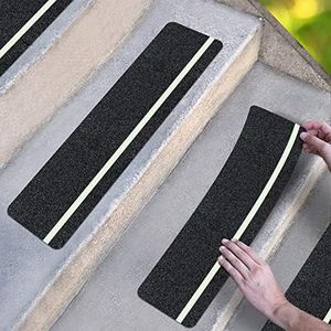 ThreadNanny Anti Slip Traction Treads with Glow in Dark Stripe (15-Pack), 6" X 24", Best Grip Tape Grit Non Slip, Outdoor Non Skid Tape, High Traction Friction Abrasive Adhesive for Stairs Step