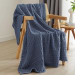 PHF 100% Cotton Waffle Weave Throw Blanket, Soft Lightweight Breathable Cozy Throws for Couch Bed Sofa, Luxury Aesthetic Woven Blanket for Home Decor & Office, 50"x60", Dark Navy