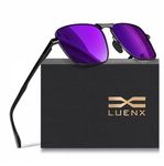 LUENX Rectangular Aviator Polarized Sunglasses for Men Women 59mm Mirrored Purple Lens Square Metal Black Frame Spring Hinge