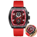 BORUSE Chronograph Watch for Men Sport Military Big Face Quartz Watches Fashion Waterproof Red Silicone Strap Luminous Calendar Analog Wristwatch, Black & Red, Sport